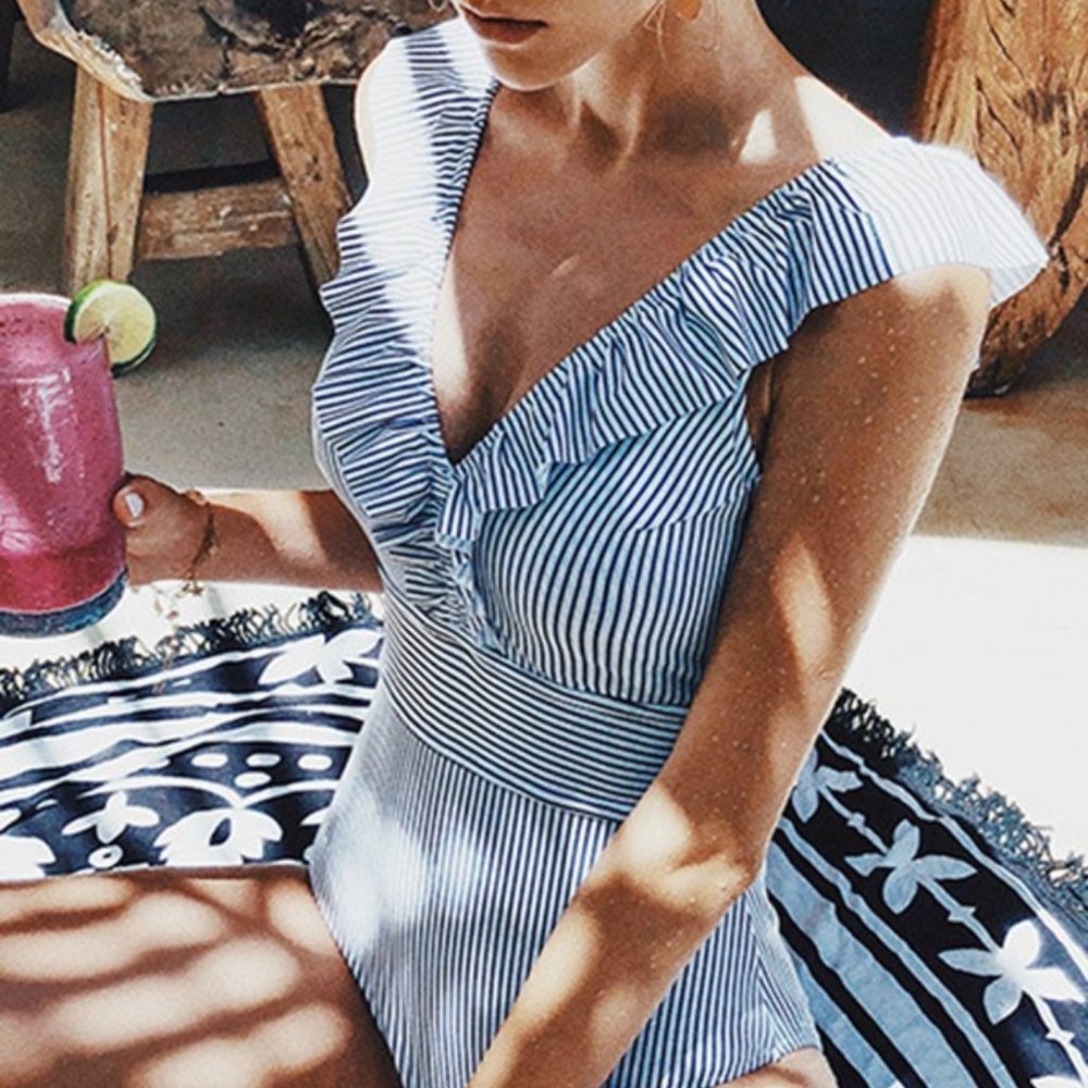Women's Blue and White Stripe Ruffle neck One Piece Bathing Suit